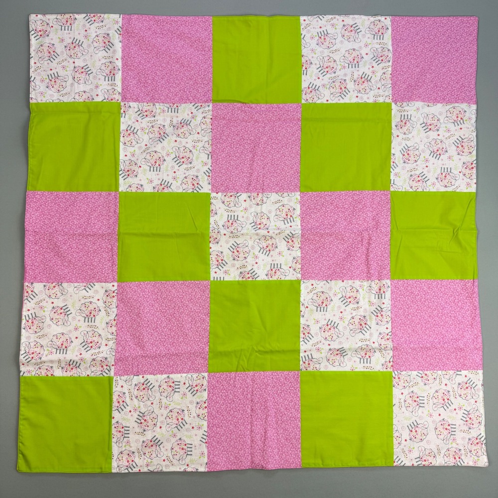 NEW Handmade Patchwork Baby Quilt Receiving Blanket Pink Green Sheep  40x40
